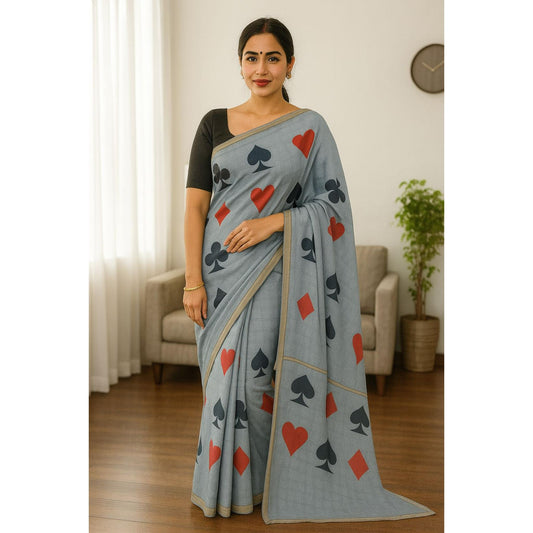Grey and Black Cards Print Organza Saree