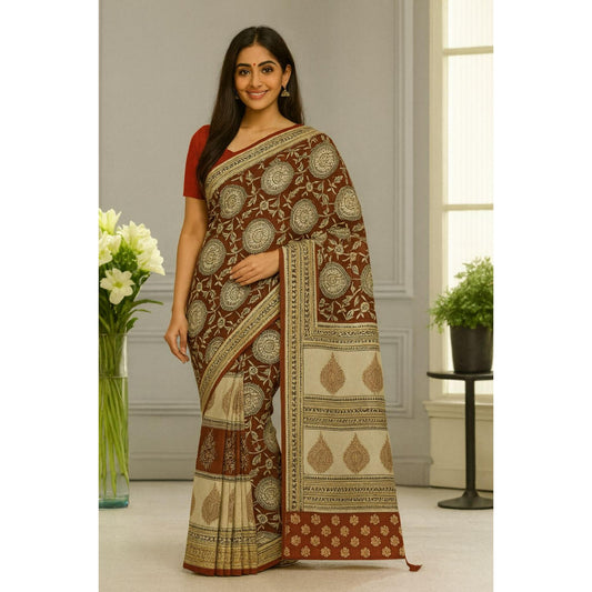 Rust Beige Floral Print Mul Cotton Saree