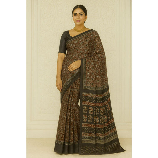 Maroon Black Ajrakh Print Cotton Saree