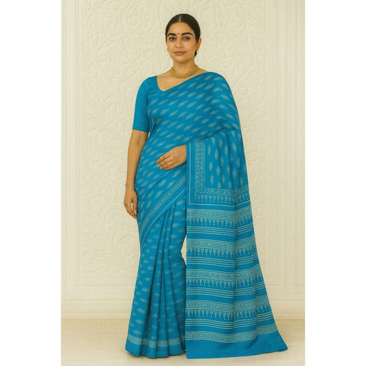 Sky Blue Block Print Cotton Saree