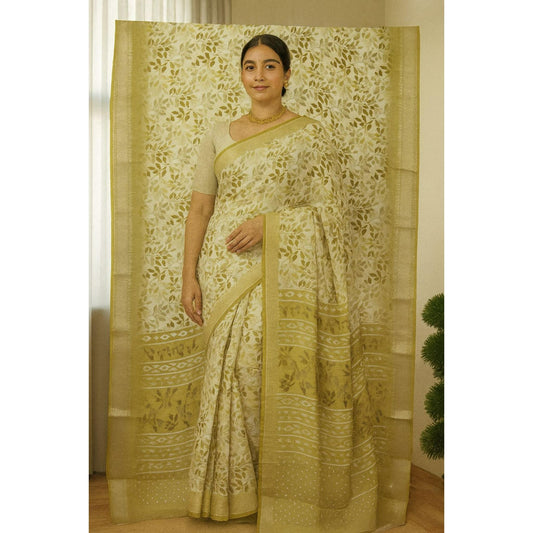 Golden Brown Floral Print Dola Silk Saree