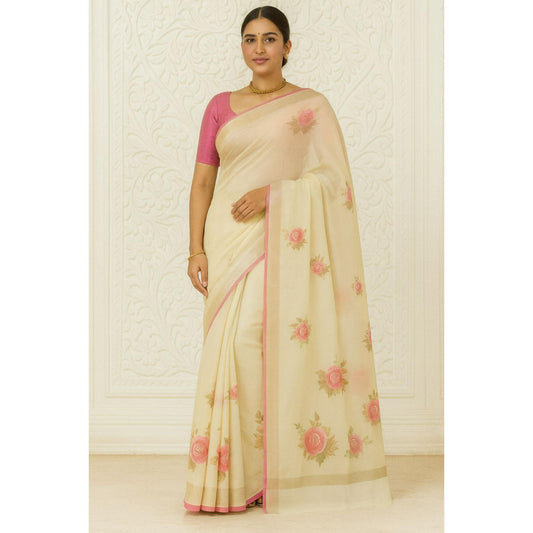 Yellow Floral Print Organza Saree