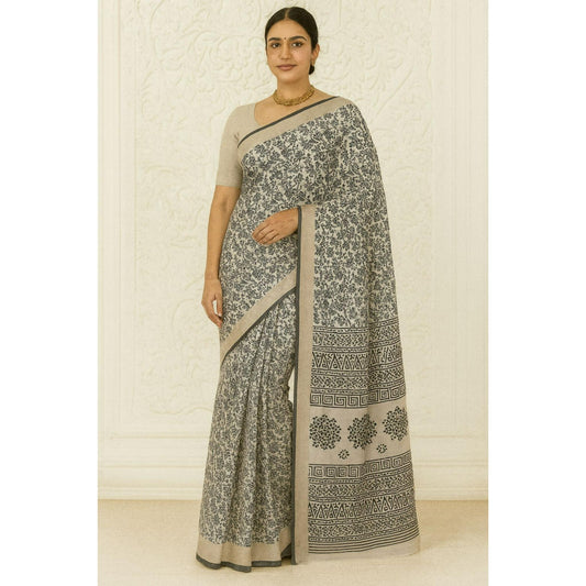 Cream and Black Floral Dola Print Saree