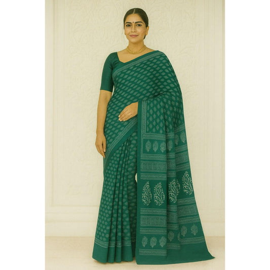 Green Block Print Cotton Saree