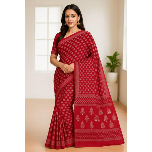 Red Block Print Cotton Saree