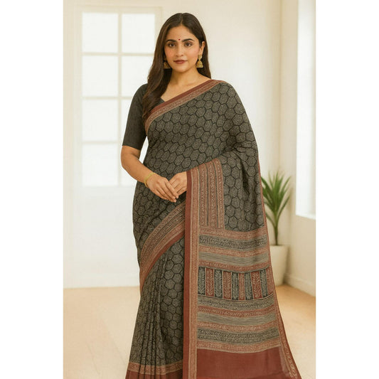 Black and Maroon Cotton Ajrakh Print Saree