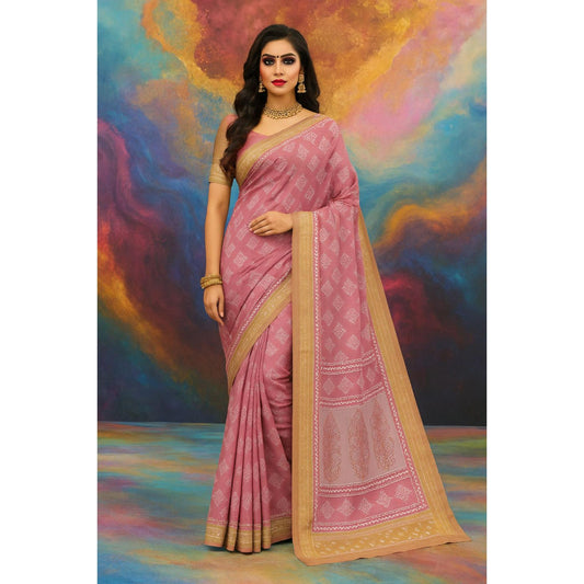 Pink and Camel Brown Bandhani Print Dola Silk Saree