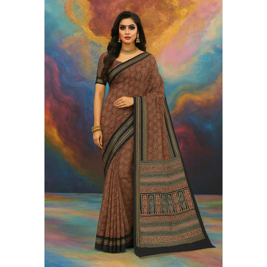 Maroon and Black Ajrakh Print Cotton Saree
