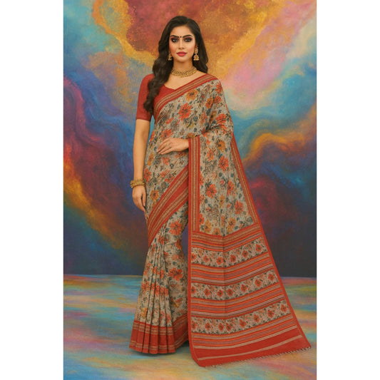 Red and Grey Linen Floral Printed Saree