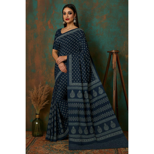 Charcoal Blue Block Print Cotton Saree