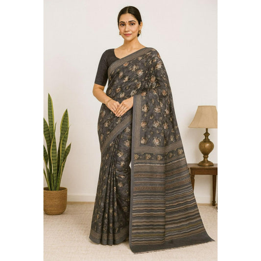 Purple Linen Floral embroidered Printed Saree