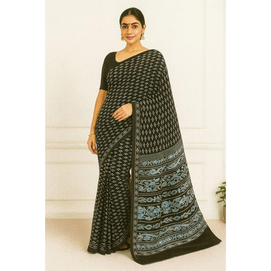 Black and Sky Blue Satin Saree