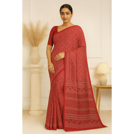 Tomato Red Geometrical Dola Print Saree