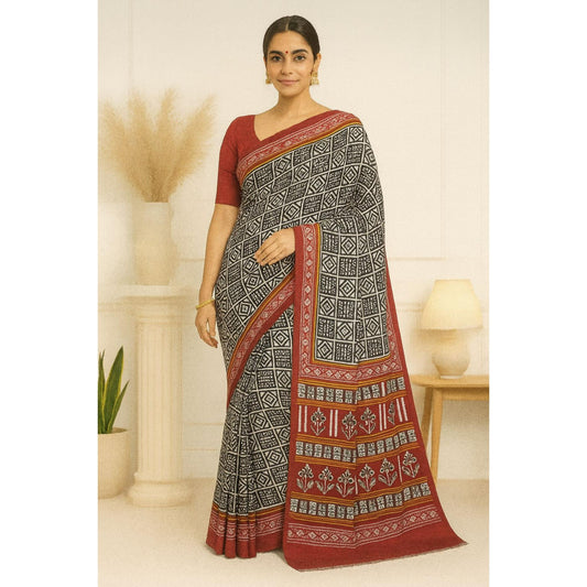 Red Black & Cream Dola Print Saree