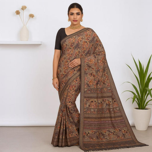 Brown Linen Floral Print Embroided Saree