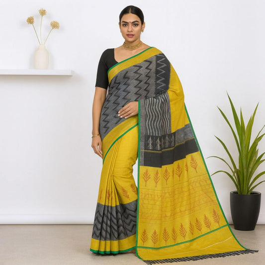 Yellow Grey Ikkat Print Cotton Voile Saree