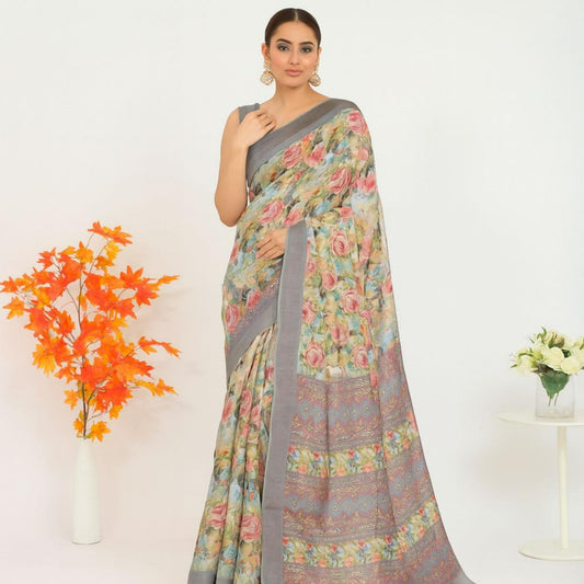 Pink & Grey Linen Floral Print Saree