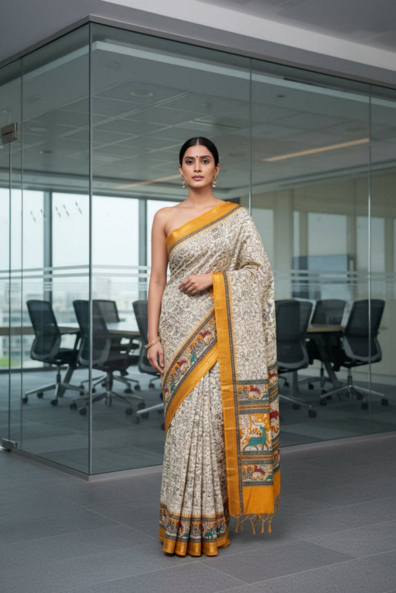 Beige & Mustard Animal Print Dola Silk Saree