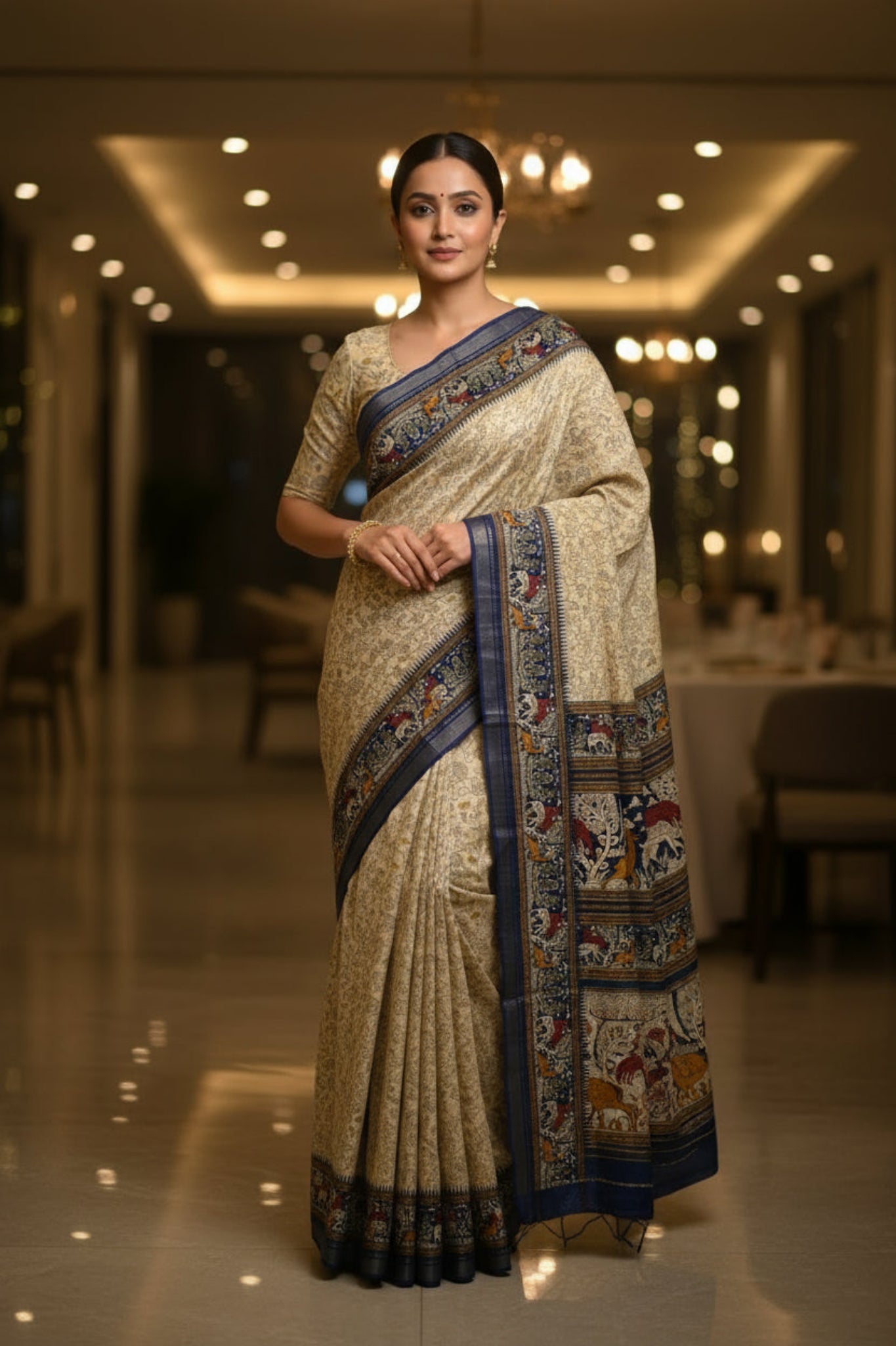 Biege & Blue Animal Print Dola Silk Saree