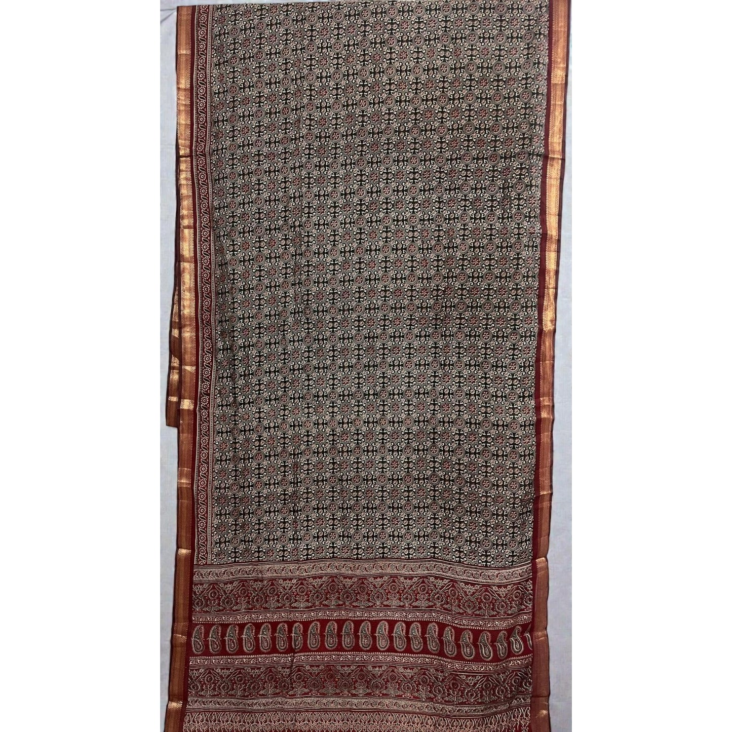 Black Marron Ajarakh Print Chanderi Cotton Saree
