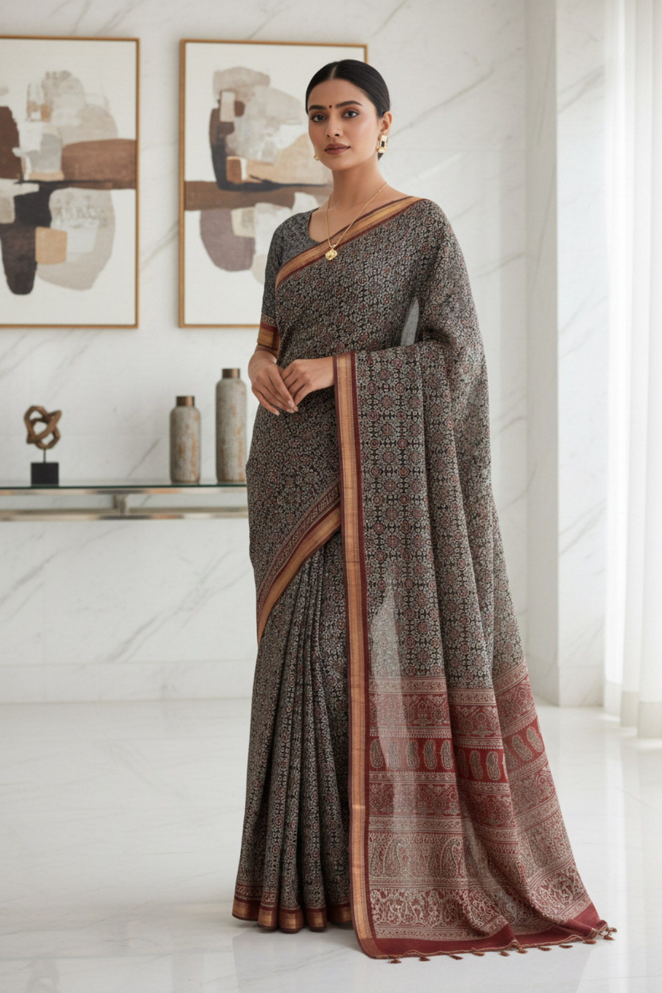 Black Marron Ajarakh Print Chanderi Cotton Saree