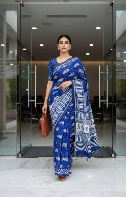 Royal Blue Paisley Mul Cotton Saree