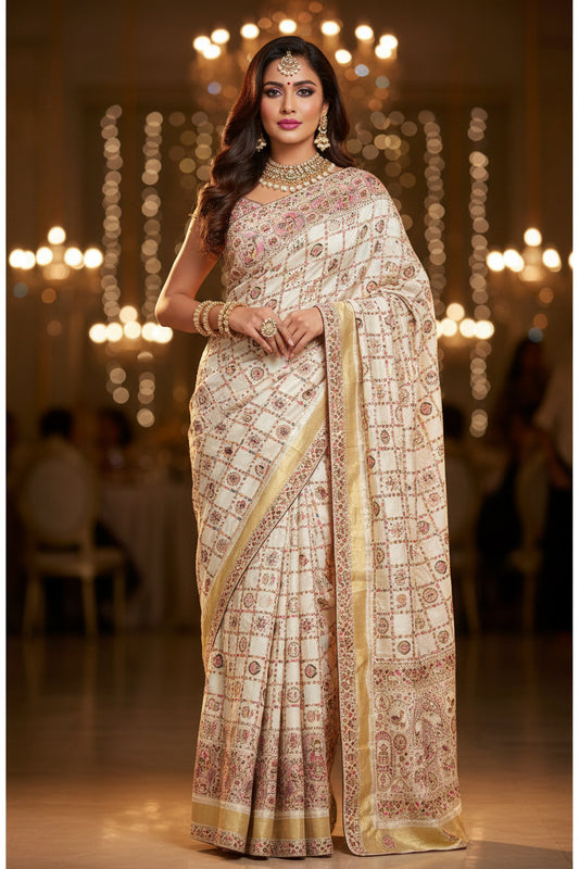 Ivory, Pink & Golden Embroidered Pure Dola Silk Saree
