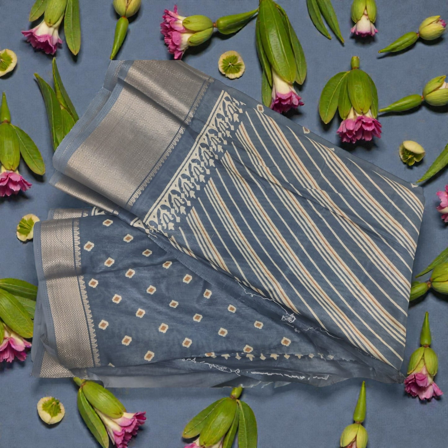 English Blue Stripes Dola Silk Saree