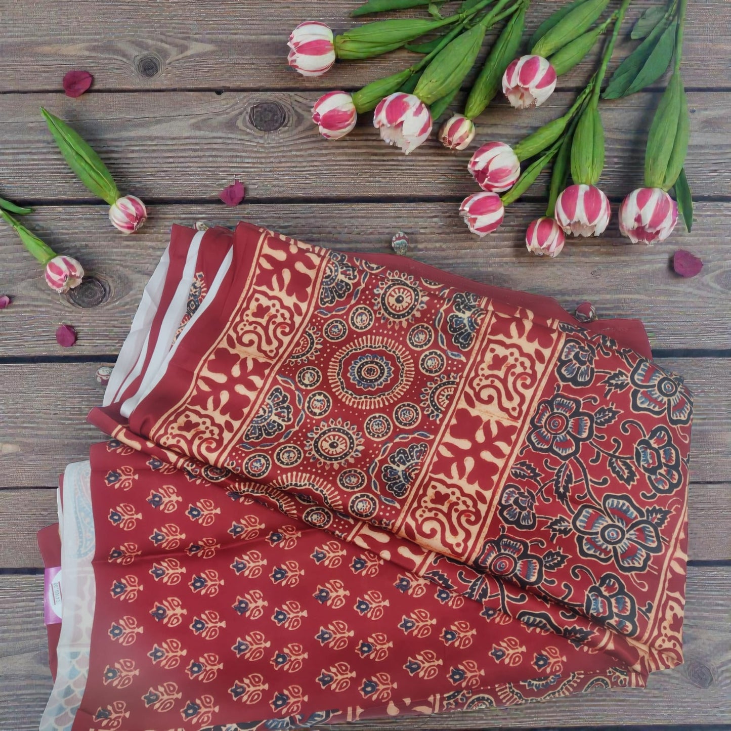 Tomato Red Ajarakh Print Modal Silk Saree
