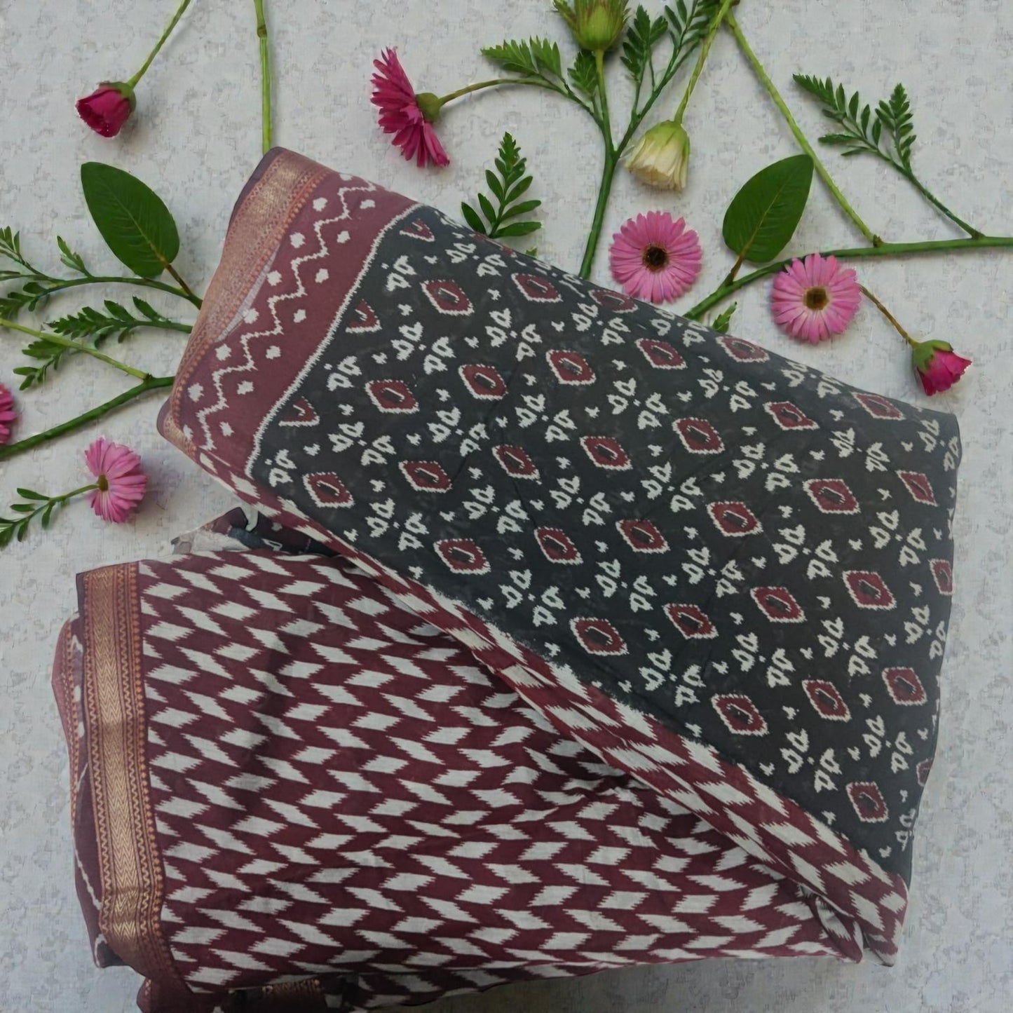 Black Marron Block Print Chanderi Cotton Saree