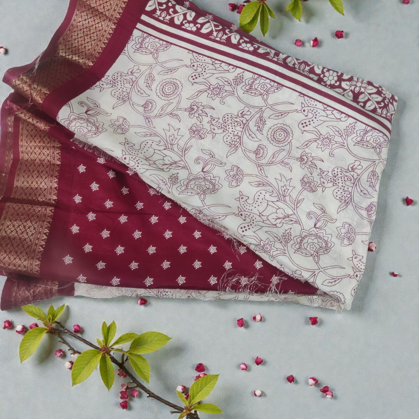 White & Red Animal Print Dola Silk Saree