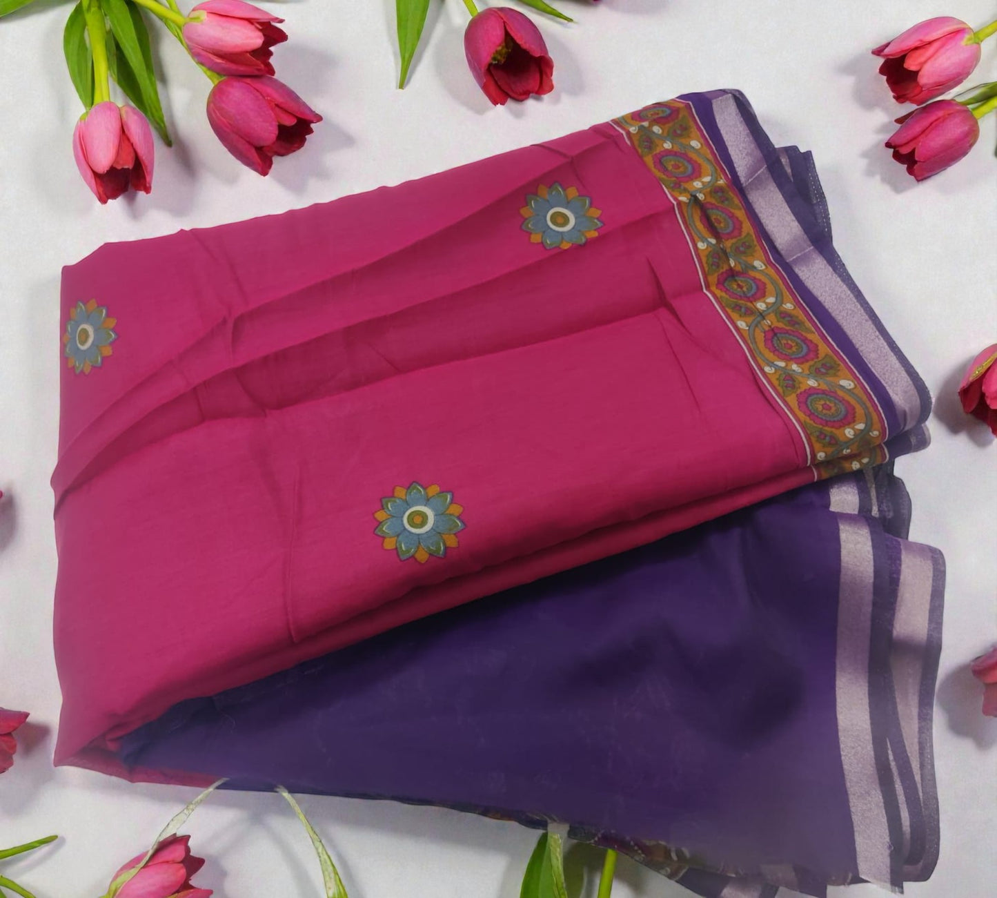 Pink Purple Kalamkari Chanderi Cotton Saree
