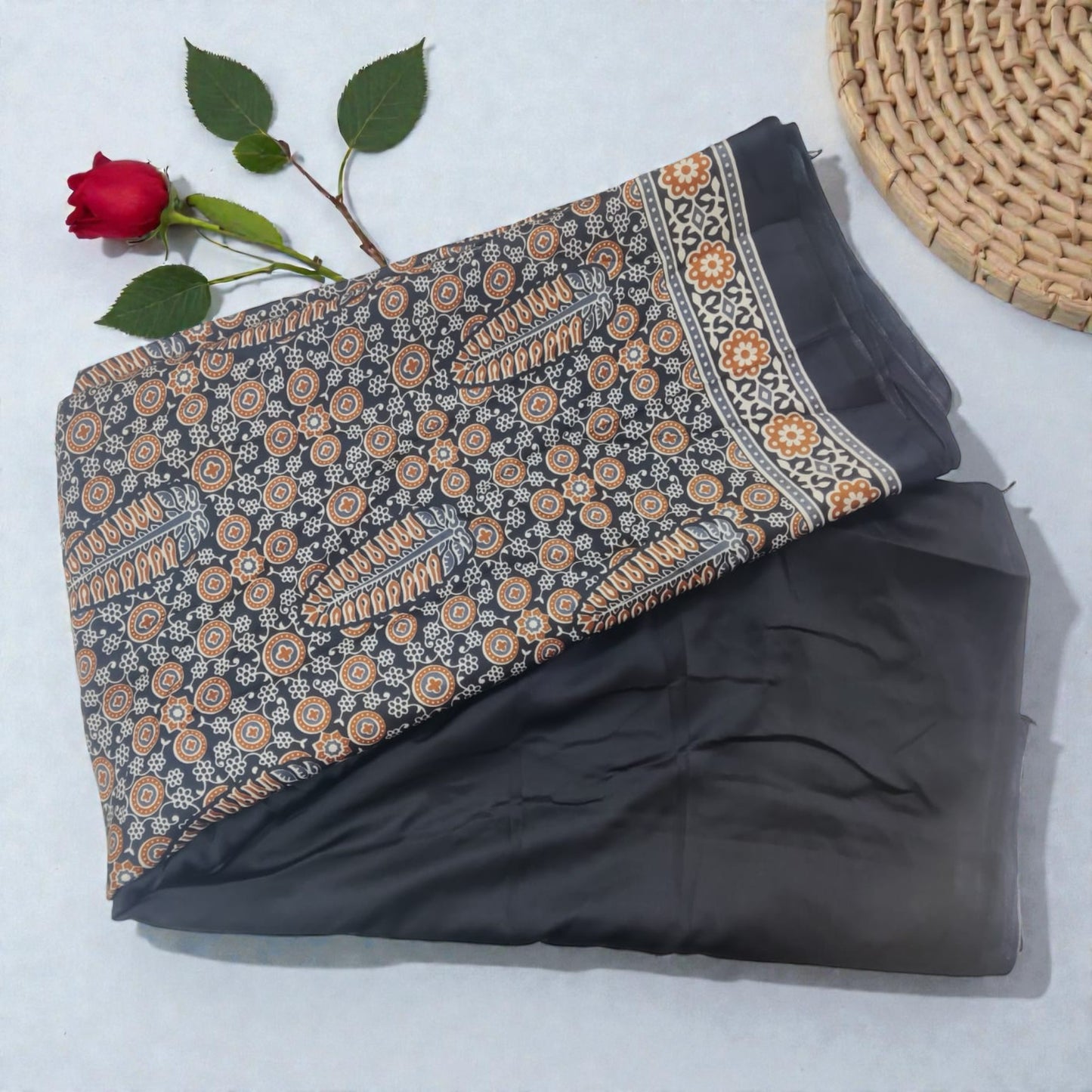 Black & Orange Ajarkh Print Modal Silk Saree