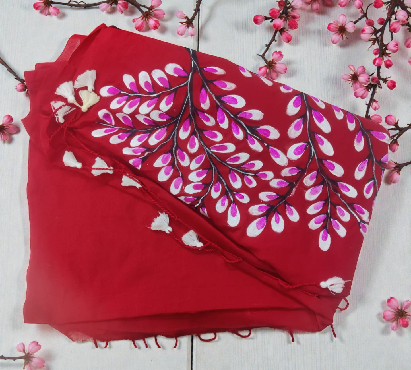Red Hand Painted Handloom Cotton Saree