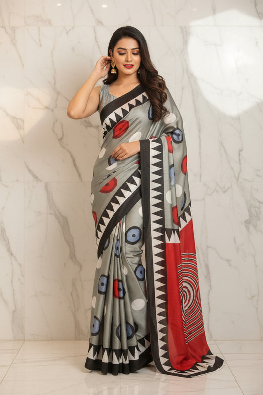Olive Evil Eye print Satin Saree