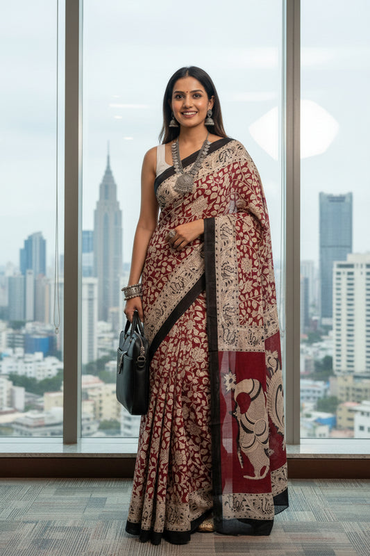 Marron Black Kalamkari Print Pallu Cotton Sari