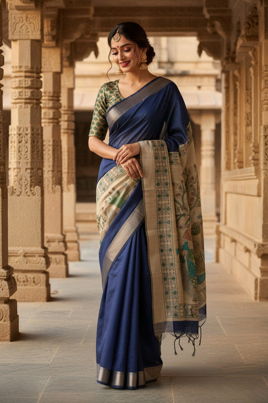 Dark Blue Kalamkari Pallu Raw Silk Saree