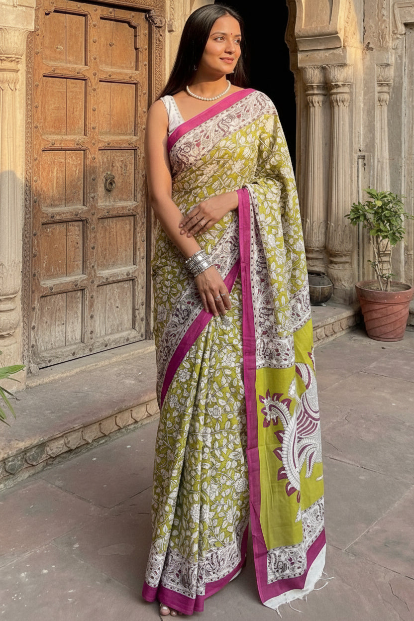 Neon Green and Magenta Kalamkari Pallu Cotton Sari