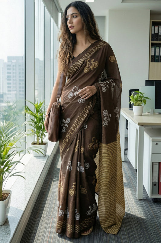 Brown Modern Print Cotton Saree