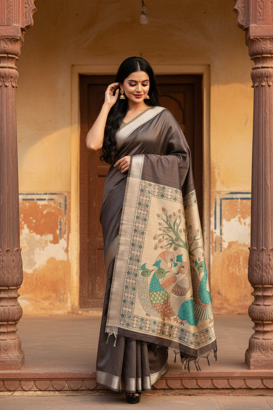 Dark Brown Kalamkari Pallu Raw Silk Saree
