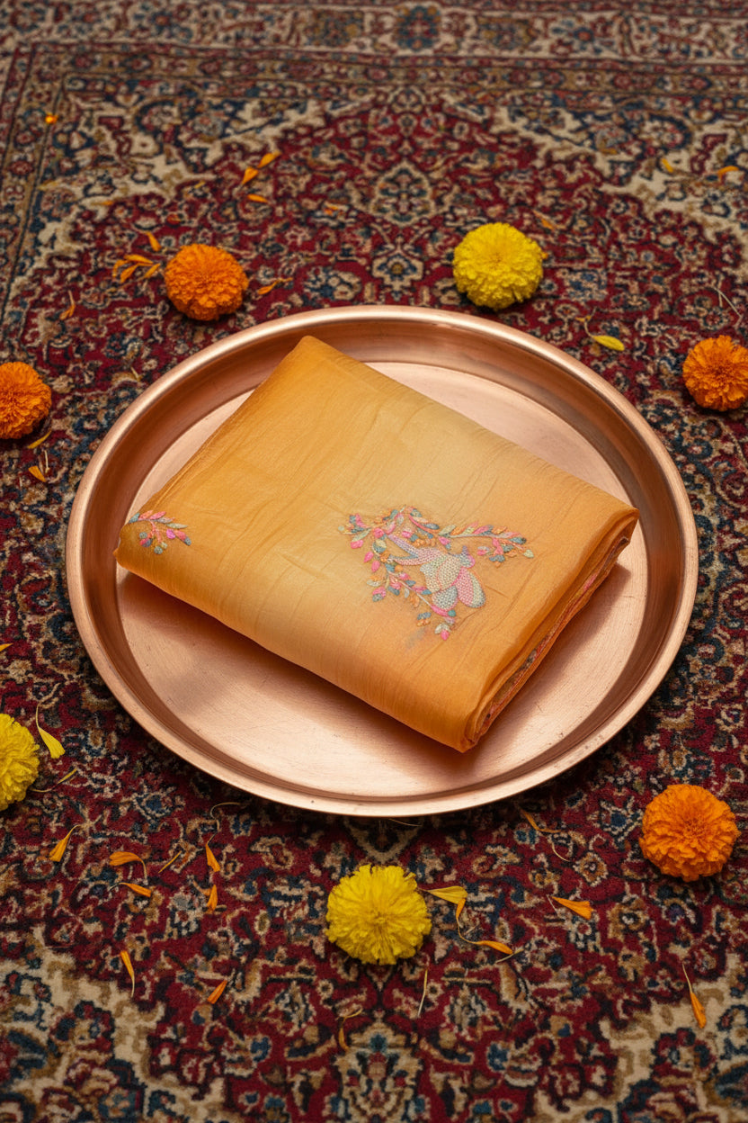 Orange Ombre Embroided Crushed Soft Silk Saree