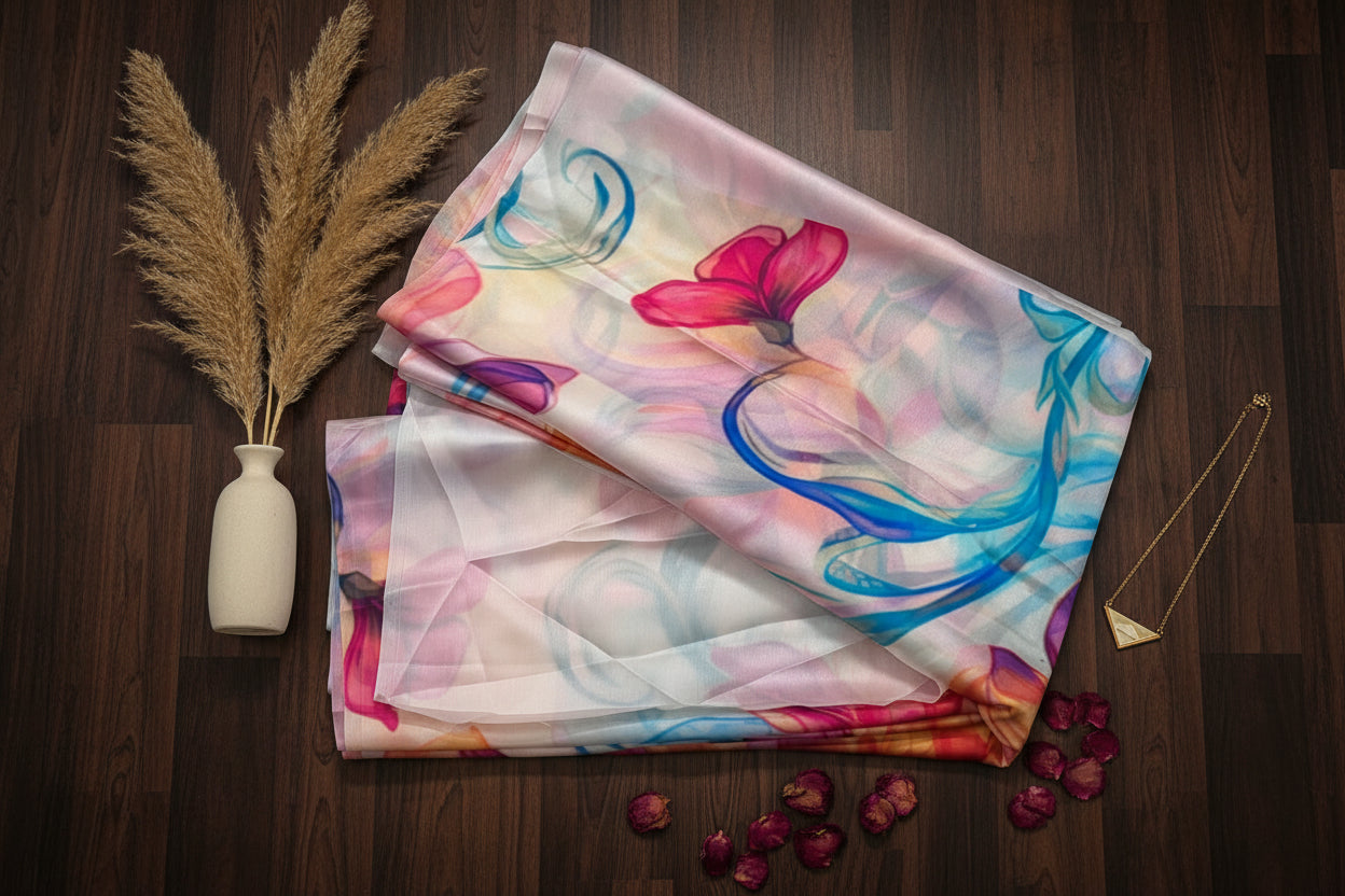 Multicolour Floral Print Satin Georgette Saree