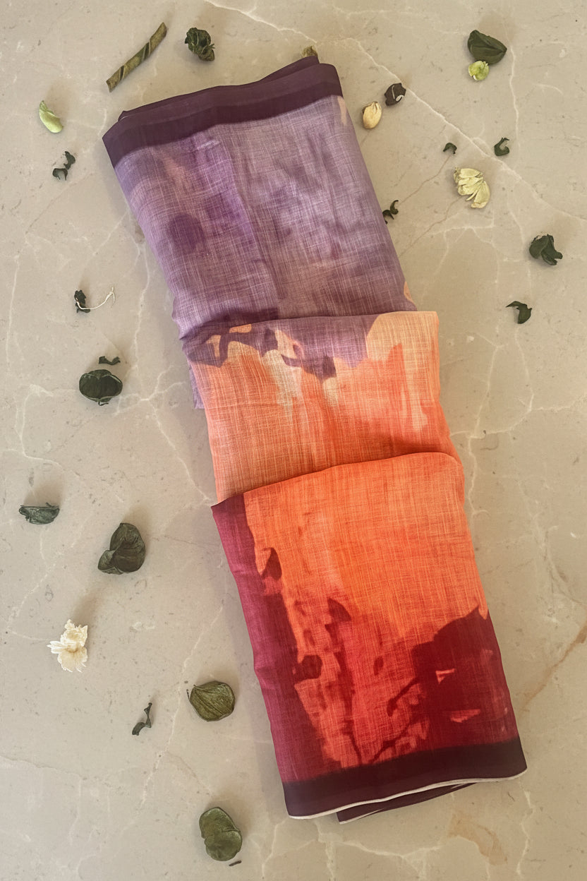 Multicolour Floral Print Linen Saree