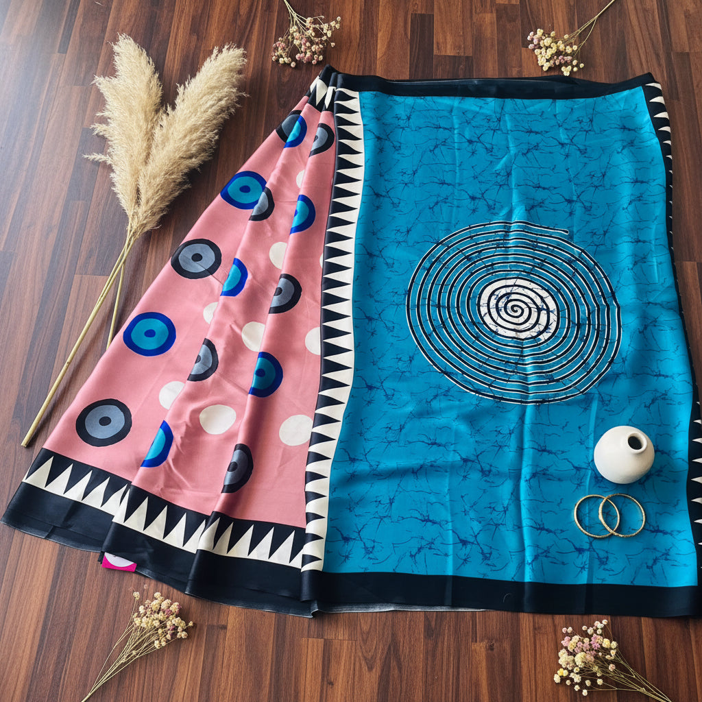 Pink & Blue Evil Eye Print Satin Saree