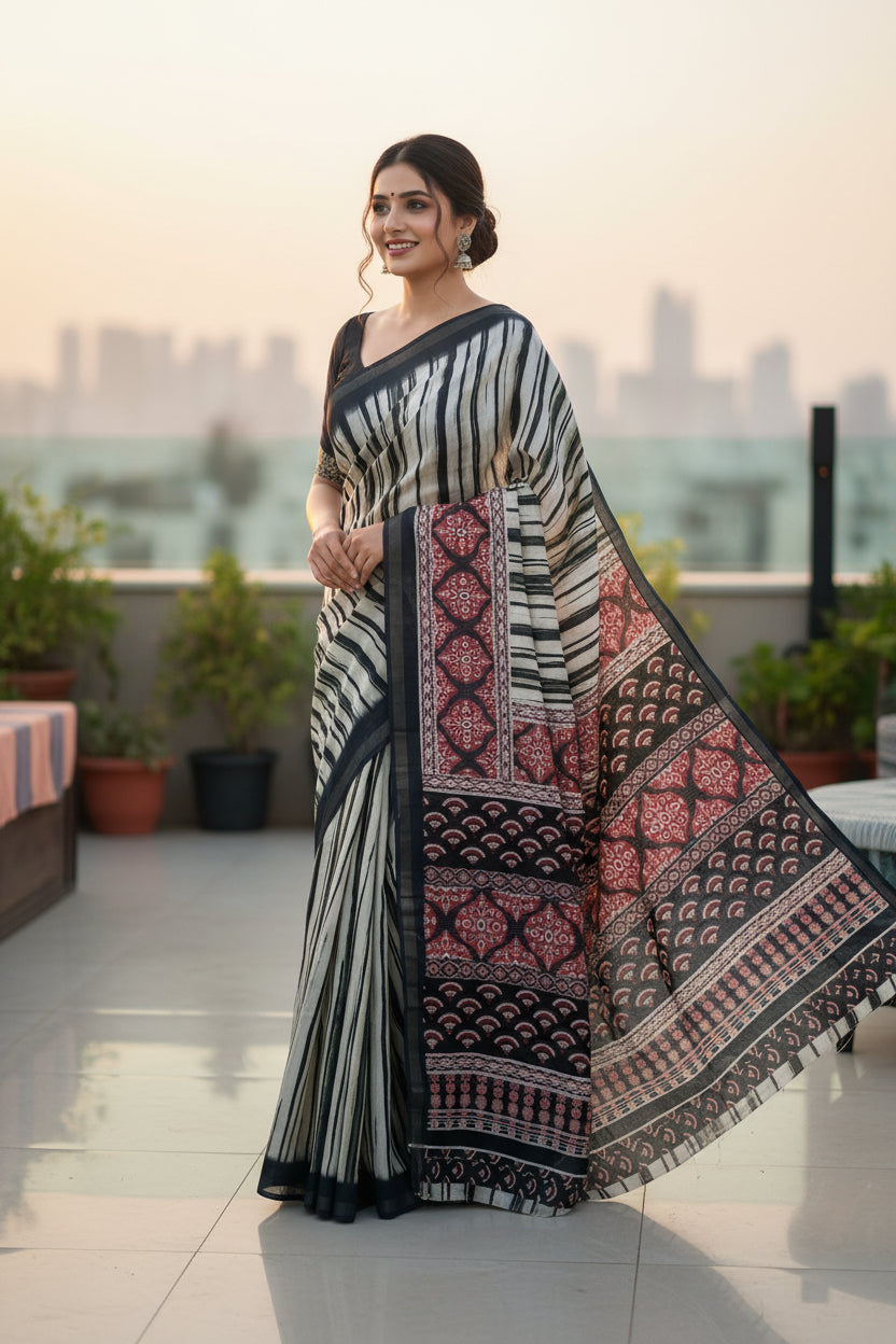 Bottle Green and White Ajarakh Pallu Cotton Silk Sari