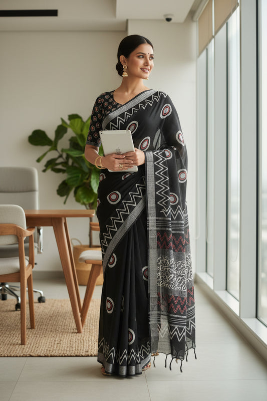 Black Geometric print Linen Saree