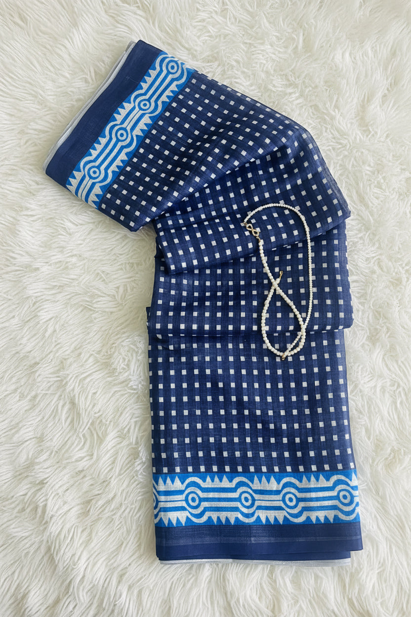 Indigo Check Print Linen Saree
