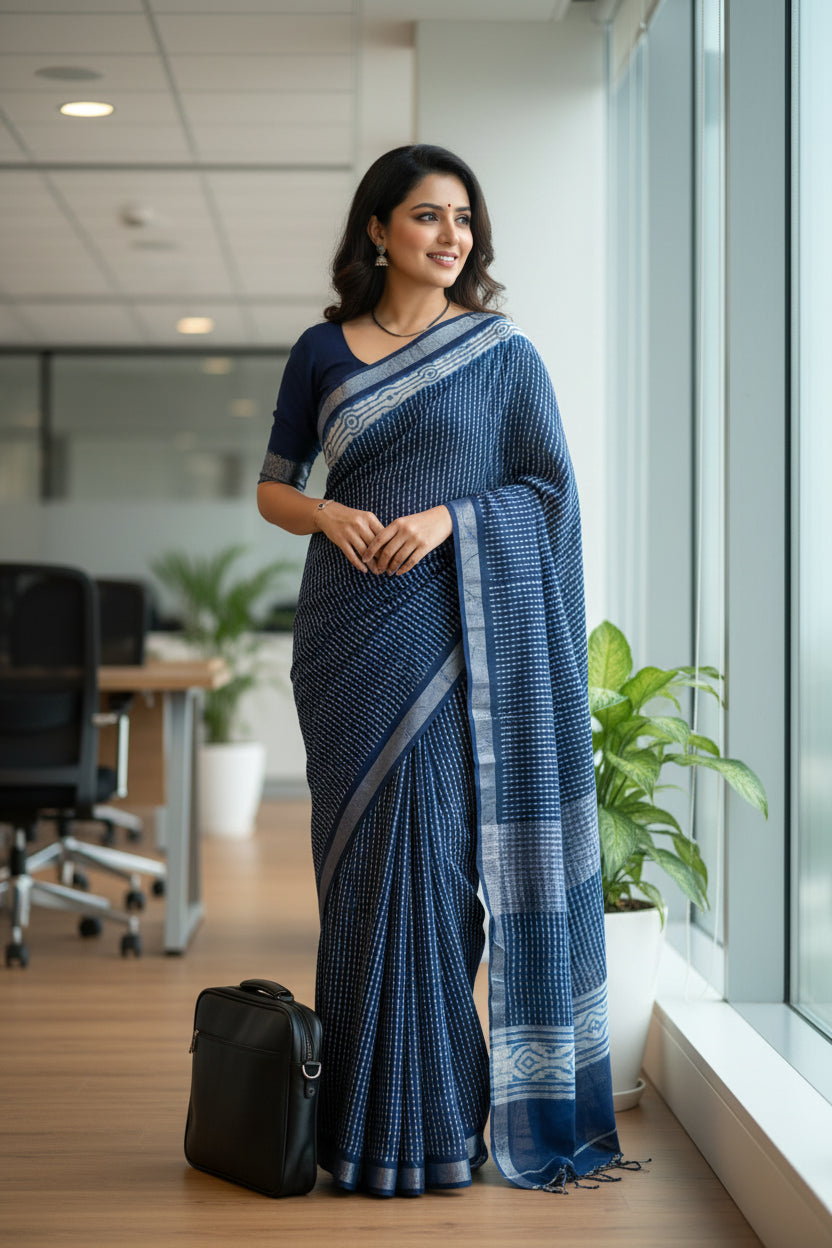 Indigo Check Print Linen Saree