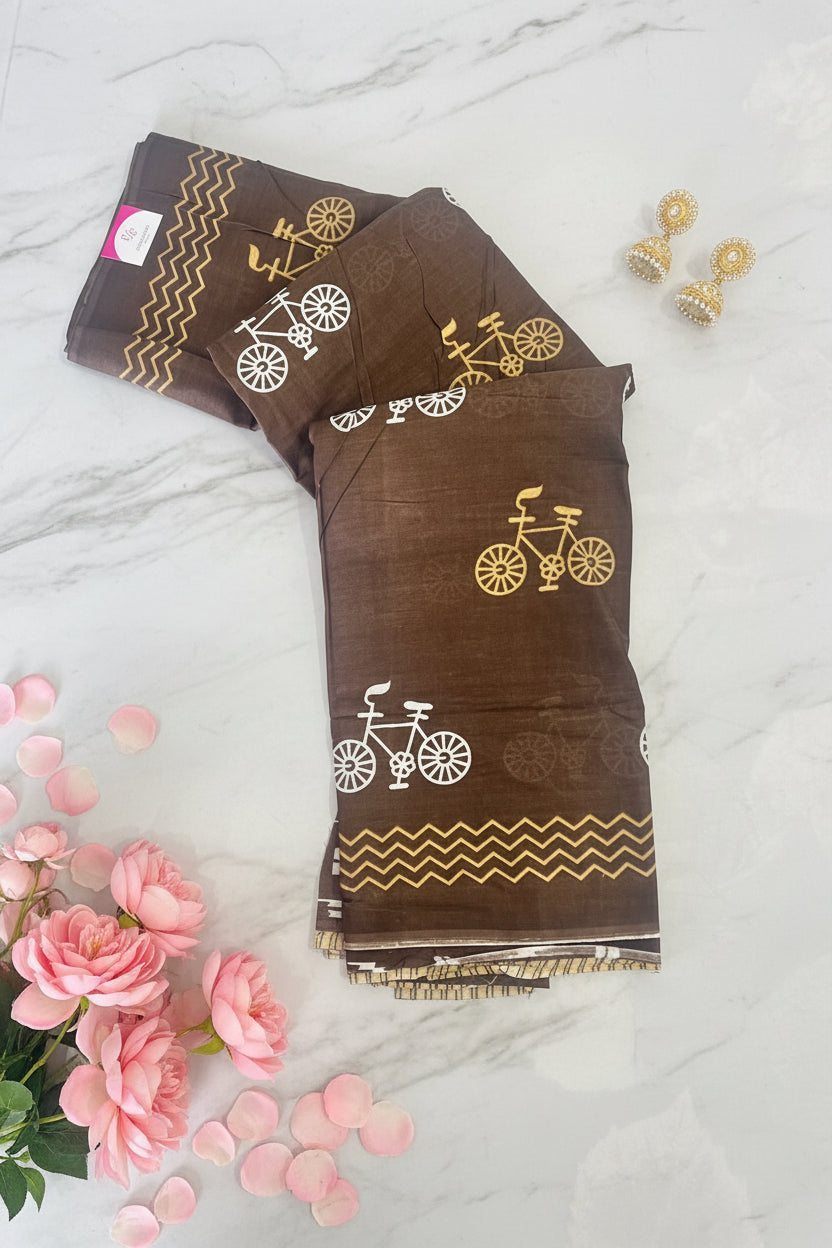 Brown Modern Print Cotton Saree