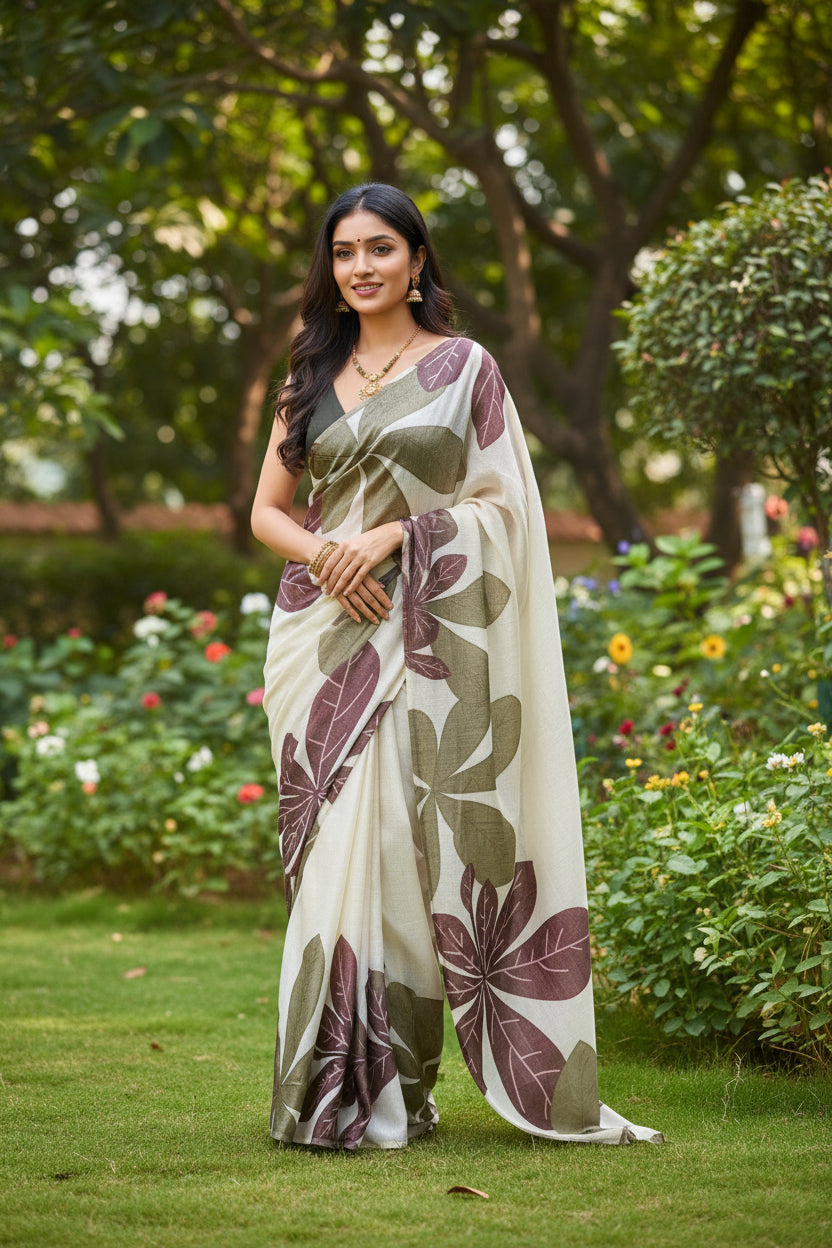 Peach Floral Print Linen Saree